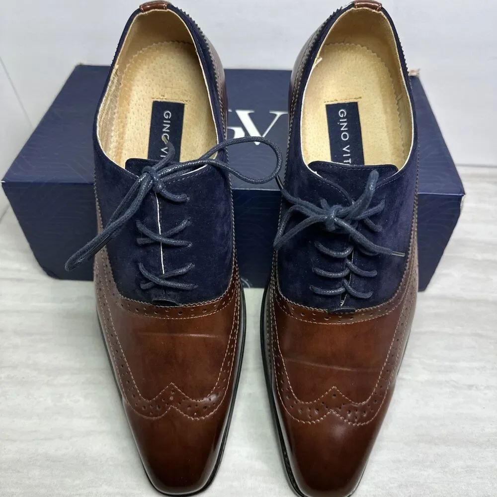 Gino Vitale Men’s Lace Up Wingtip Oxford Dress Shoe Two tone Brown Navy Suede 12